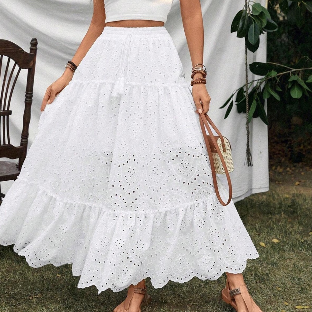 Boho White Eyelet Tassel Ruffle Maxi Skirt - Picture 2 of 4